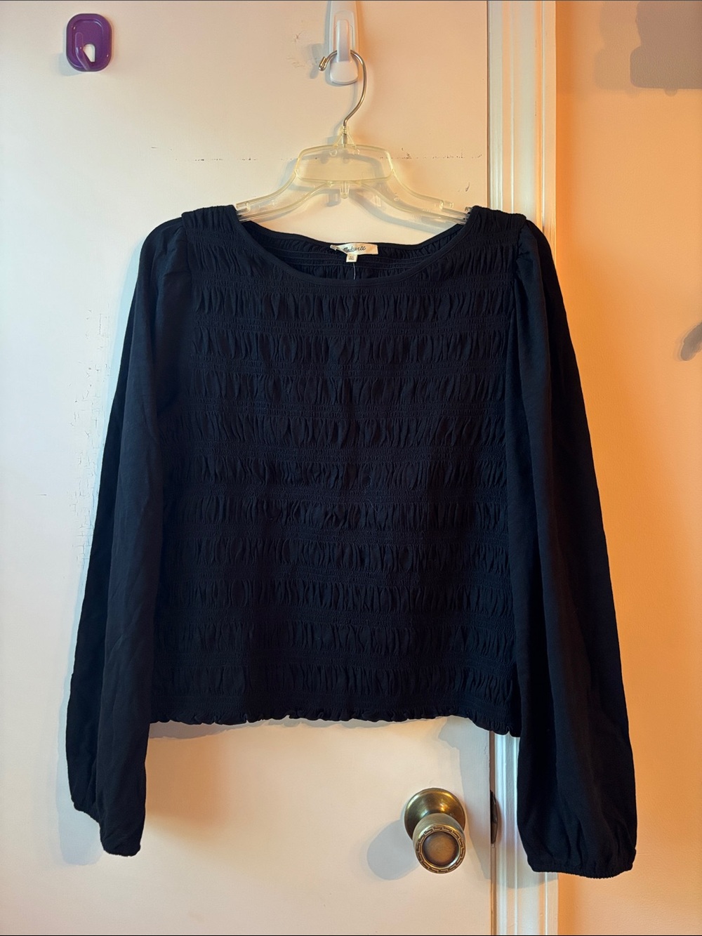 Madewell Black Smocked Long-Sleeve Top